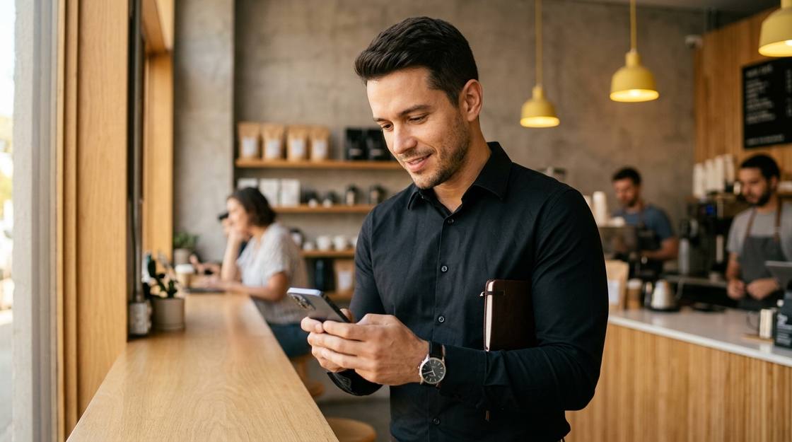 Jornalista conferindo notificações no celular